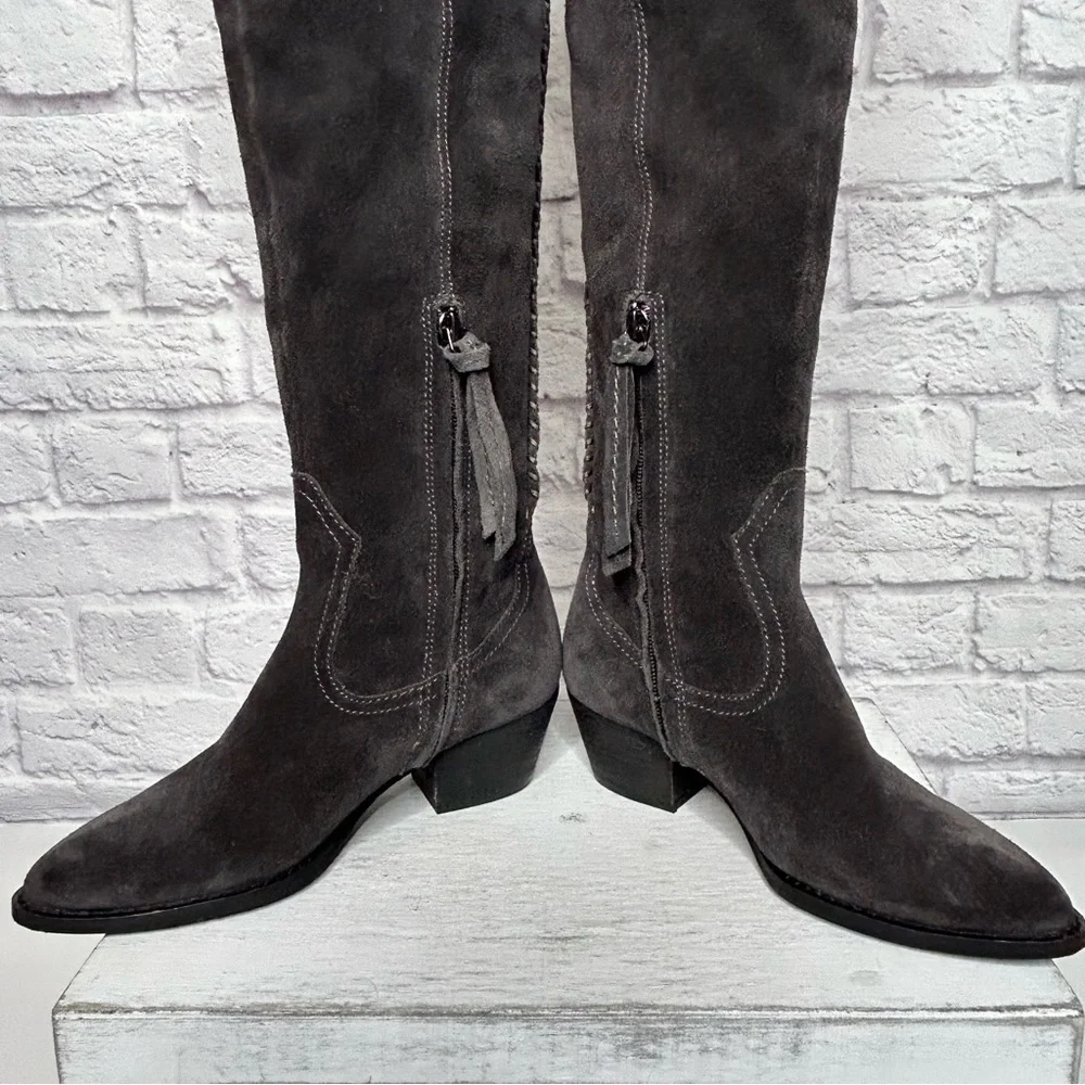 Dolce Vita OTK Gray Suede Stitched Western Over The Knee Boots